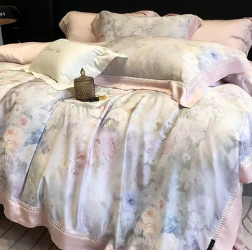 ensemble literie quatre pièces housse couette drap taies fleurs motifs élégants tissu lyocell