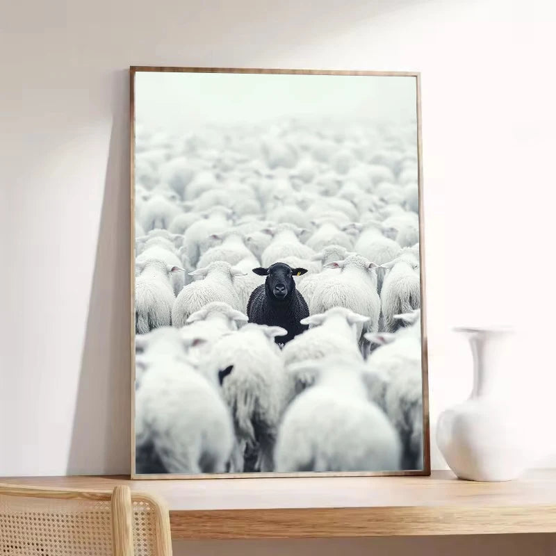 toile d'art contemporaine moutons noirs blancs sans cadre suspension décoration mur animal compagnie moderne