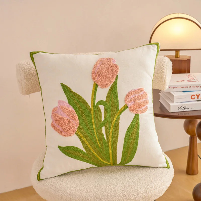 housse coussin décorative motif floral brodé moderne canapé salon lit maison blanc
