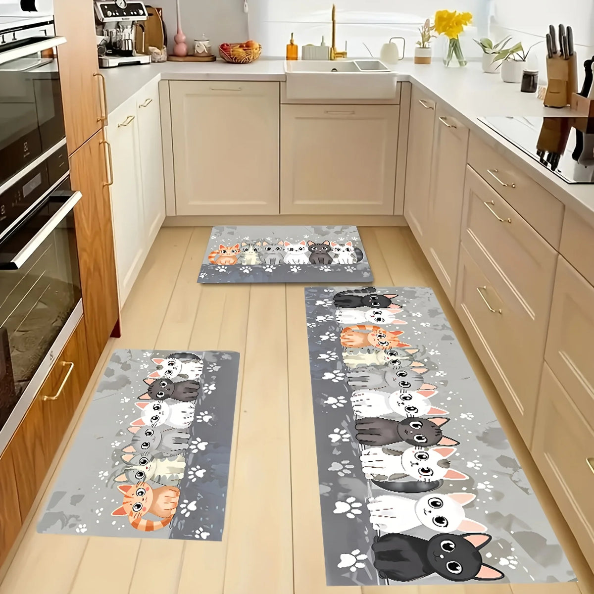 tapis sol chatons mignons gris blanc noir moderne imperméable résistantintérieur cuisine salon