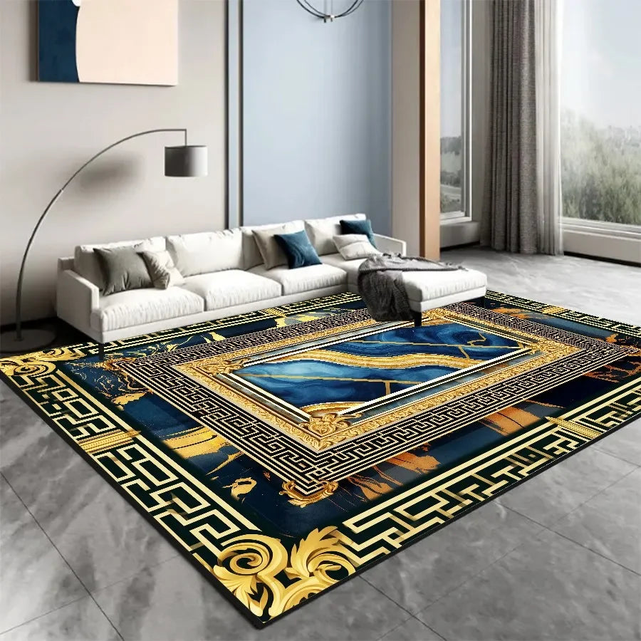 Tapis de sol de style luxueux avec un motif baroque en bleu et or ornant un élégant salon moderne.