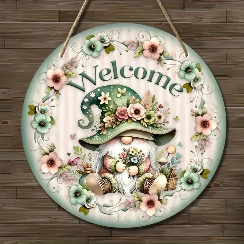 plaque décorative verte blanc rose gnome fleurs bienvenue vintage floral 20cm