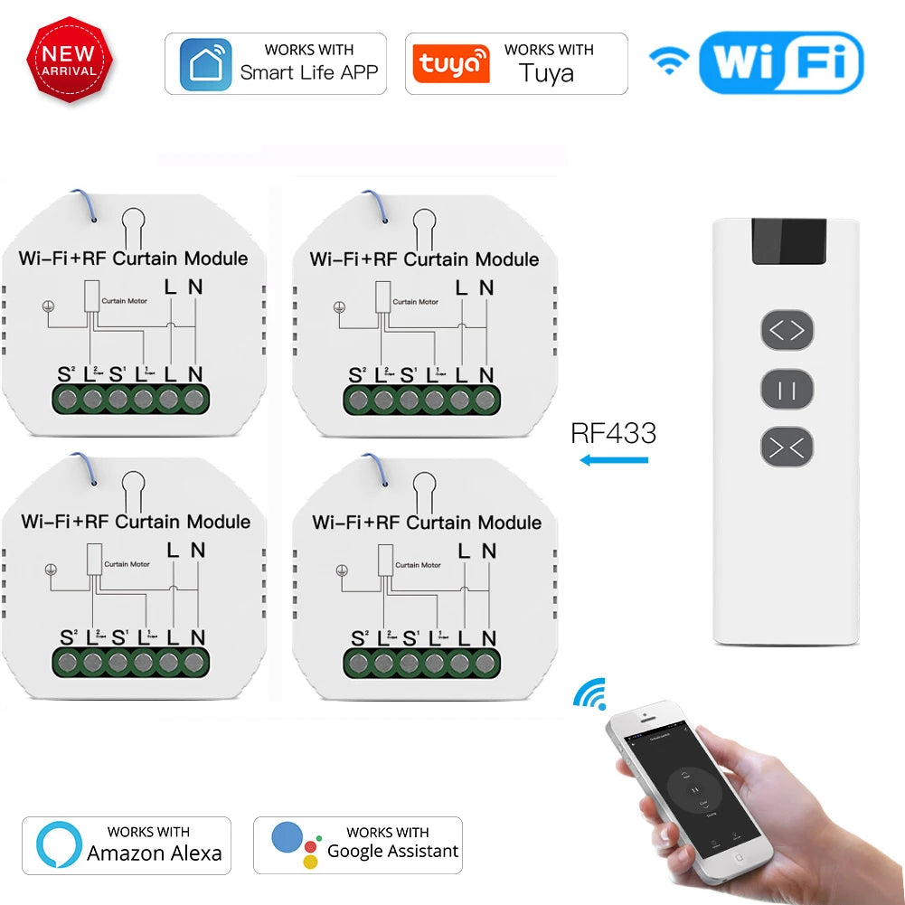 module rideau motorisé intelligent télécommande rf433 application smartphone contrôle vocal programmation