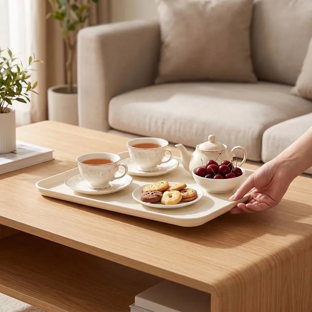 plateau service moderne beige tasses thé bol biscuits noix théière fruits opaque