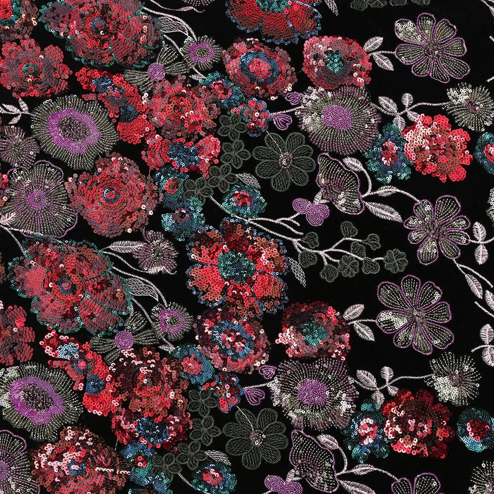 tissu brodé fleurs sequins polyester noir violet rouge vert bleu or opaquet