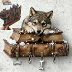 porte clés mural loup bois vintage marron gris blanc bleu decorative
