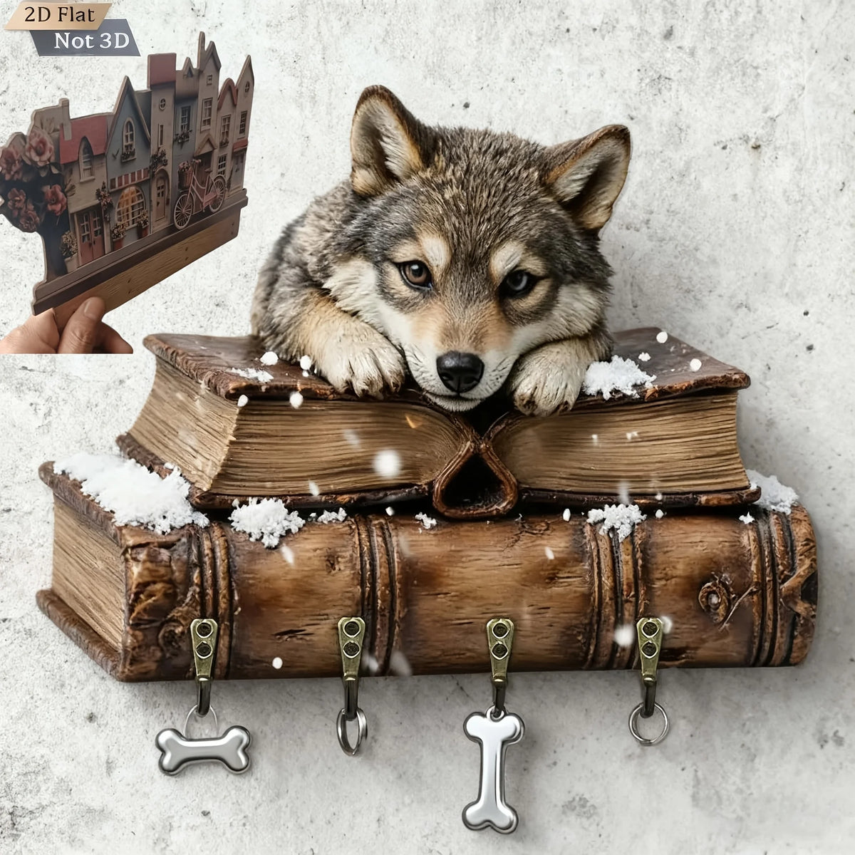 porte clés mural loup bois vintage marron gris blanc bleu decorative
