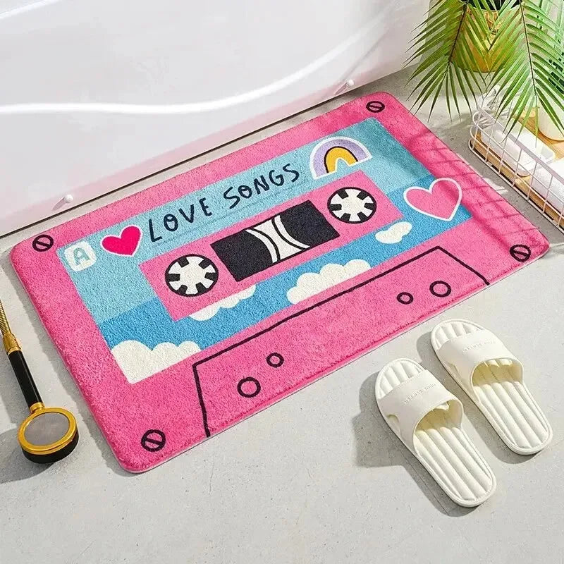 tapis antidérapant imperméable cassette musicale coeurs animaux moderne jaune rose violet blanc