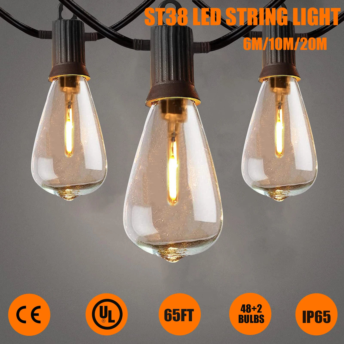 guirlande lumineuse led transparente vintage 65ft ip44 clips 2200k warm whiteextérieur patio fêtes