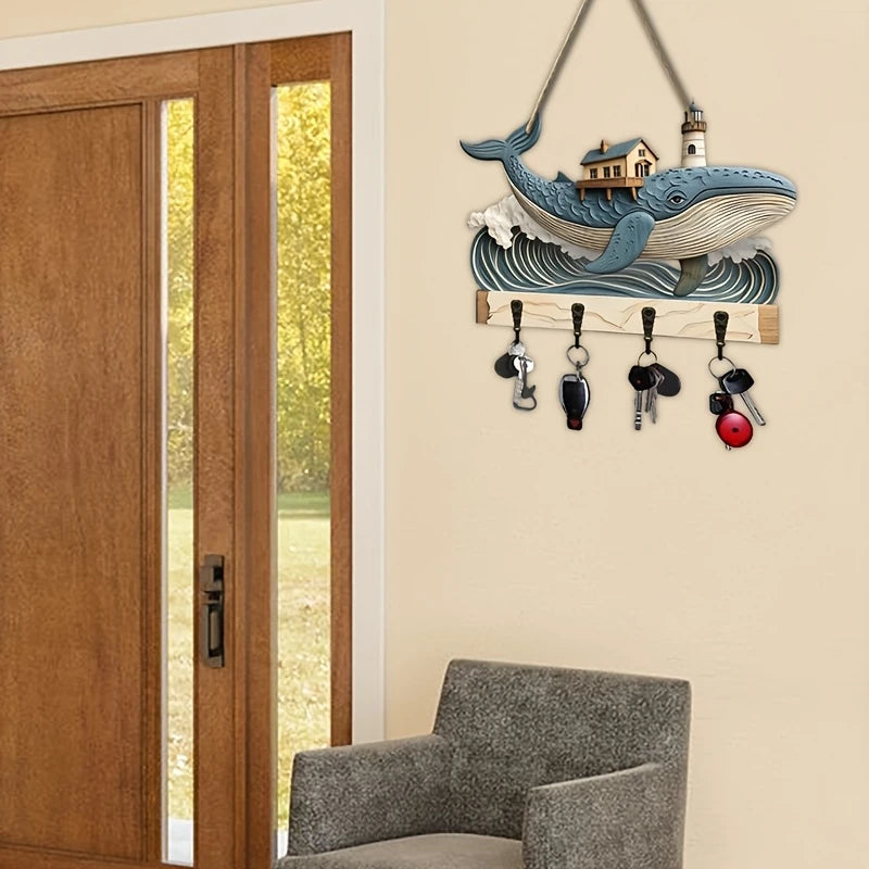 porte clés mural baleine bois bleu gris artisanal vis marine deco intérieur