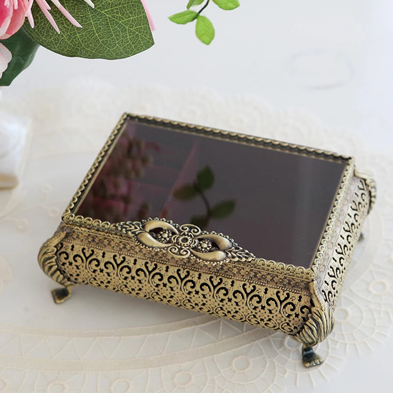 boîte bijoux vintage boîte rectangle ornements floraux poignées décoratives verre noir opaque bracelet boucles