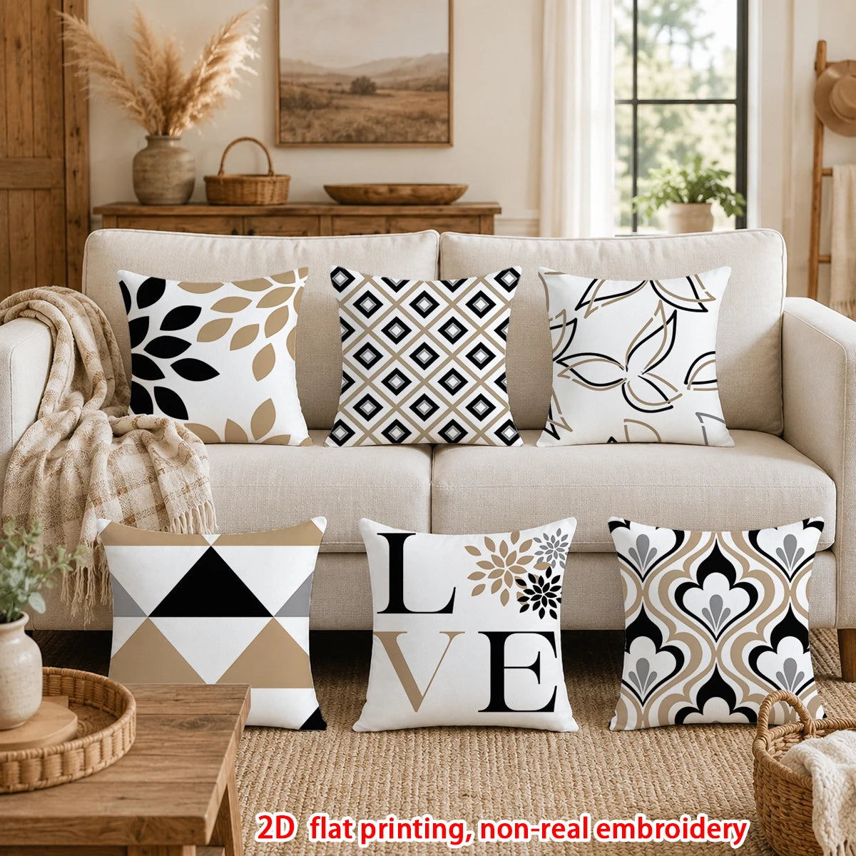 lot coussins décoratifs géométriques blanc noir beige canapé salon moderne polyester