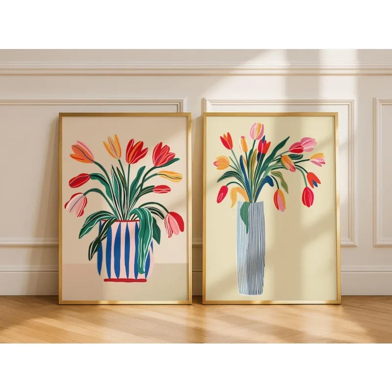 affiche moderne tulipes vase rayé salon chambre toile imprimée sans cadre couleurs vives unique
