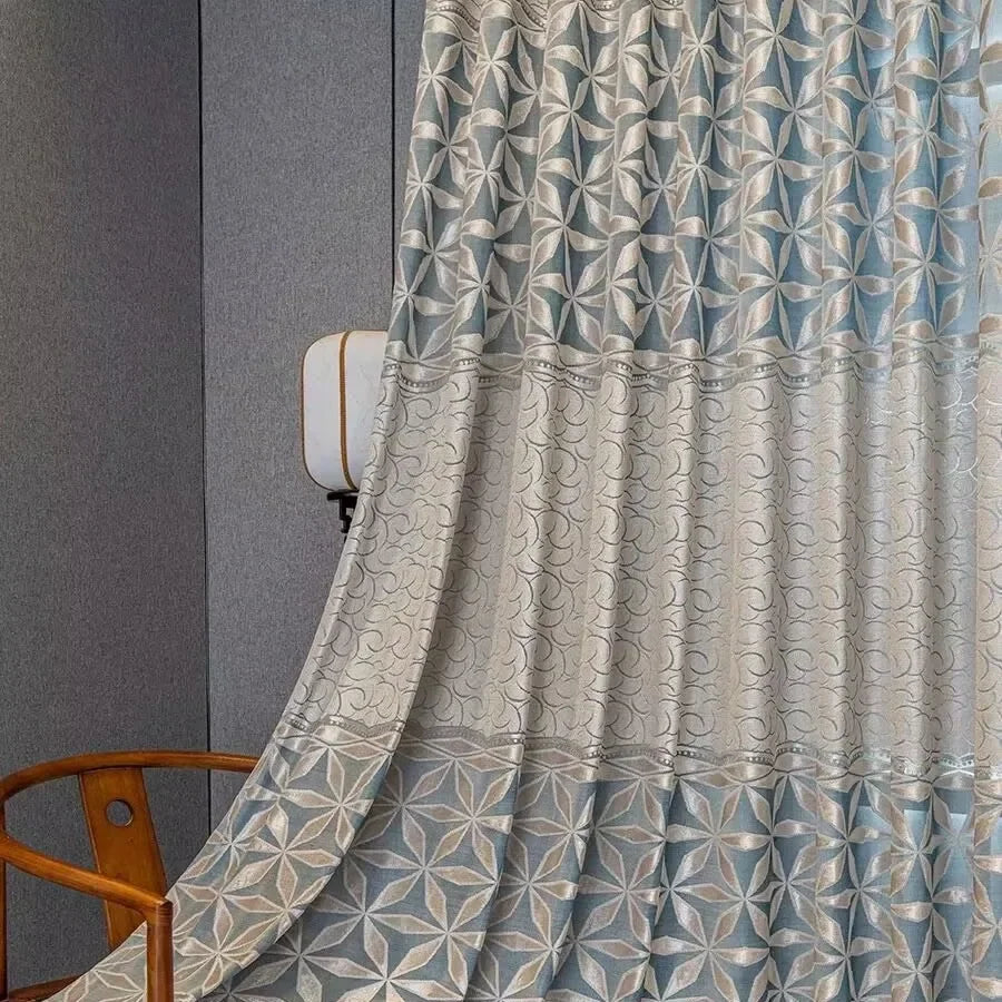 rideau occultant moderne bleu clair beige motif géométrique étoiles fleurs fenêtre salon chambre maison