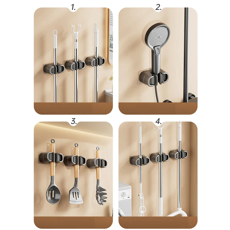 support mural moderne ustensiles cuisine balais organisation salle bain adhésif respectueux environnement gris blanc