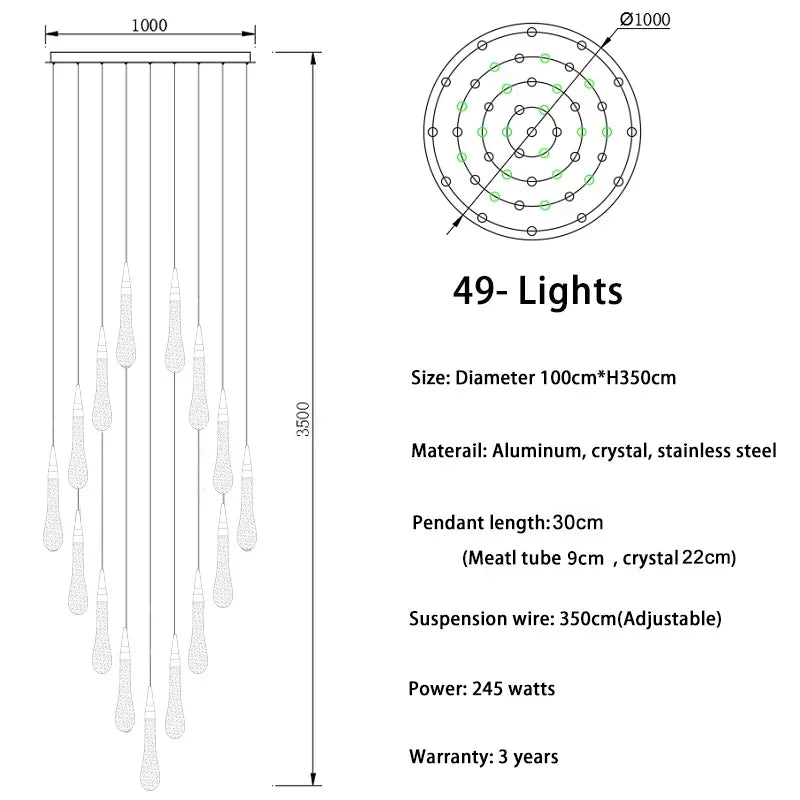 suspension lumineuse moderne cristal doré transparent gouttes verre led
