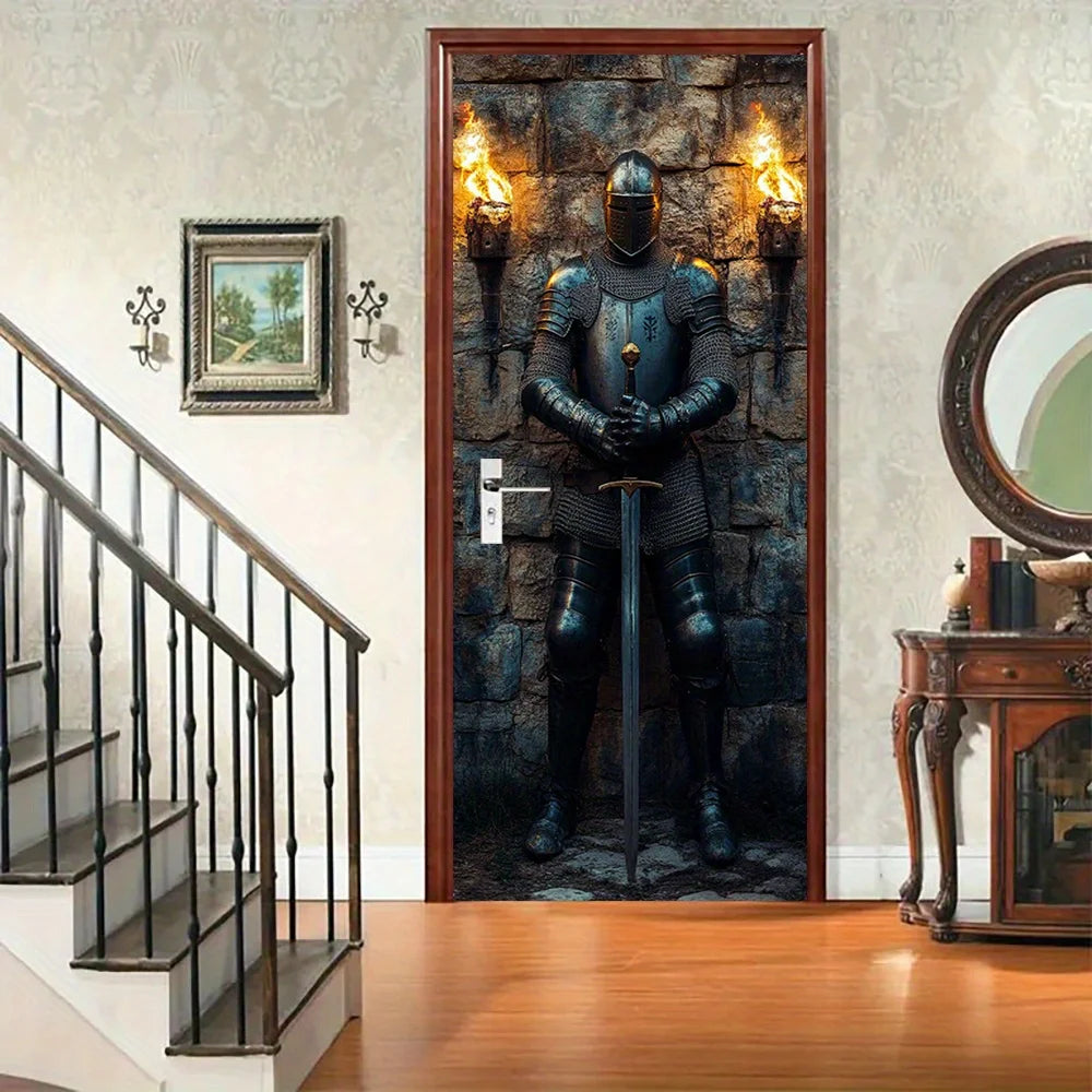 autocollant mural armure médiévale pierre flambeaux noir gris doré classique historique adhésif chambre décoration
