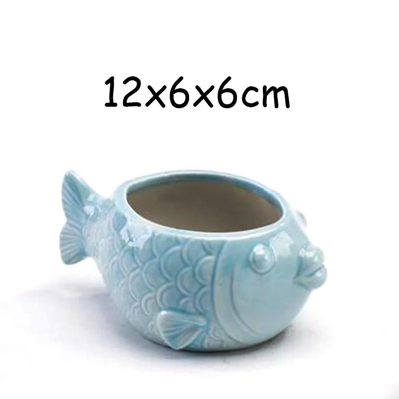 petit cache pot ceramique bleu motif poisson marin decoratif plante succulente maison
