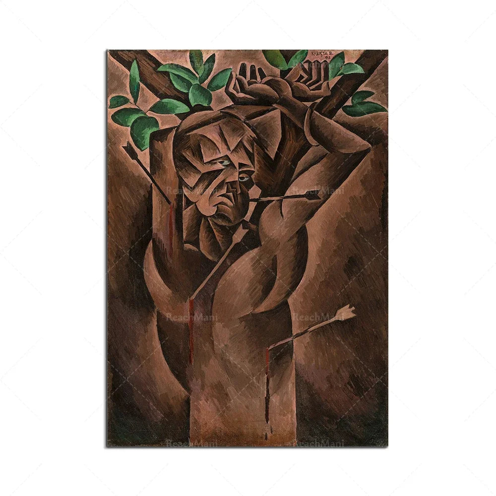 Un homme abstrait assis sous un feuillage touffu, représenté dans un style cubiste.