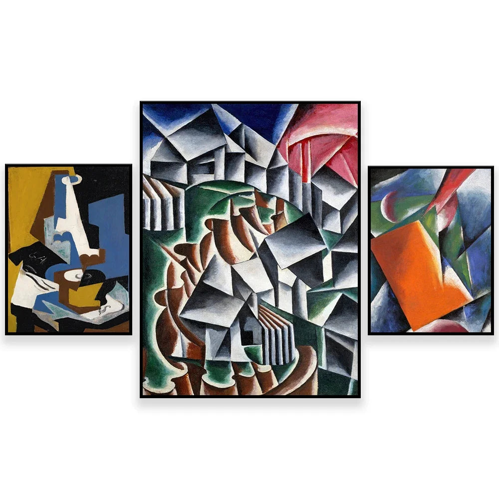 L'image montre trois œuvres d'art abstraites, avec des formes géométriques et des couleurs vives, créant une composition dynamique et vibrante.