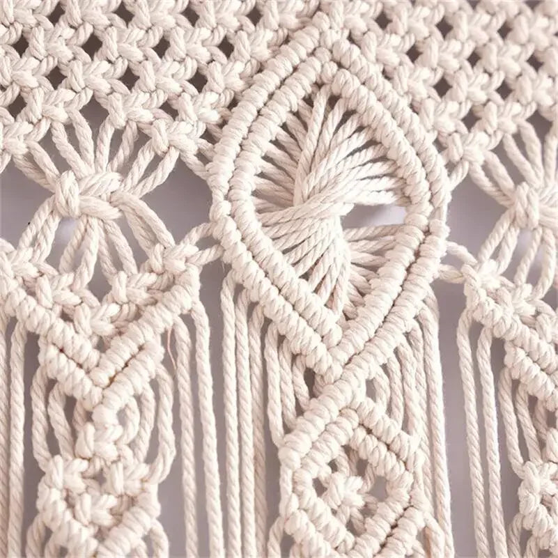 rideau macramé boho chic motifs géométriques beige clair opacité crochet métallique tissage main simple