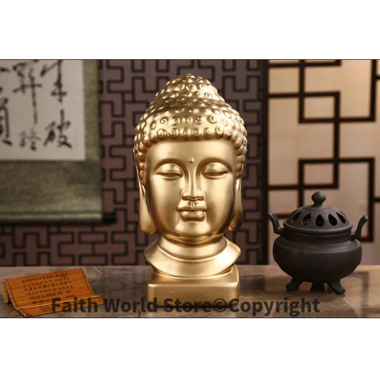 statue tête bouddha dorée décoration intérieure spiritualité ornement maison classique religieux 24cm hauteur 12cm