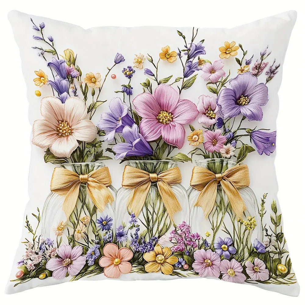 housse coussin fleurs papillons guirlande motif vintage blanc violet rose jaune vert zipper closure