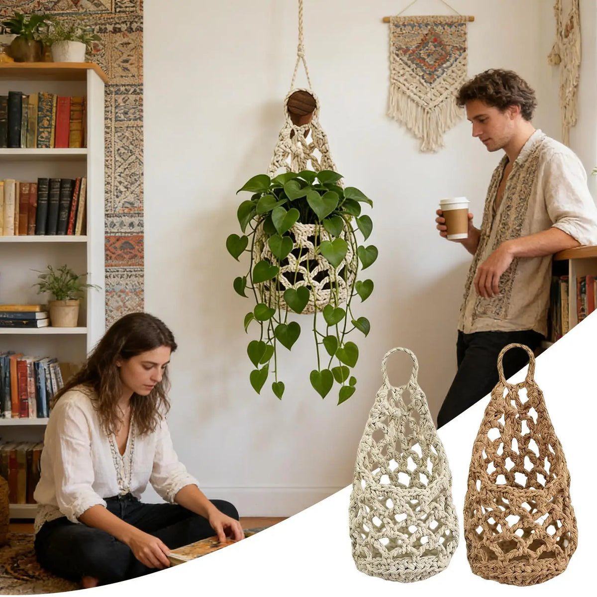 panier suspendu boho panier tissé maille fine plante succulente décoration intérieure anneau bois organisation