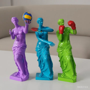 statues humoristiques sculptures classiques sportives violet bleu vert gants boxe raquette ping pong volleyball
