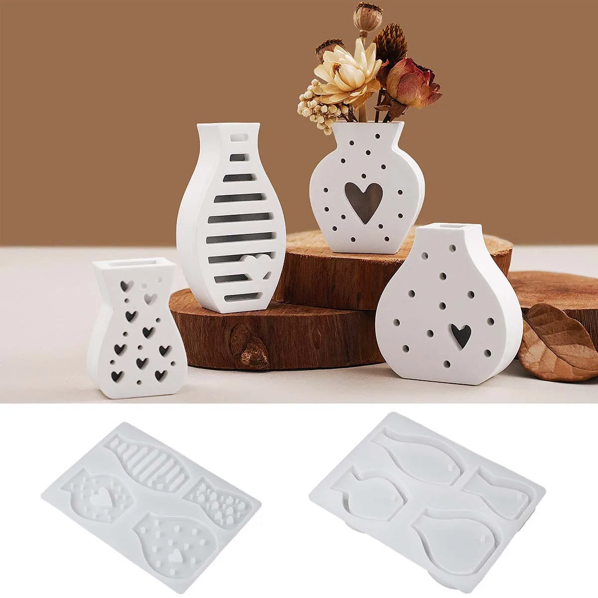 vases blancs motifs coeurs points ligne horizontale moderne minimaliste intérieur decoration fleurs séchées