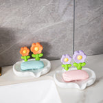 support savon moderne fleurs stylisées blanc rose vert jaune orange violet adhésif salle bains