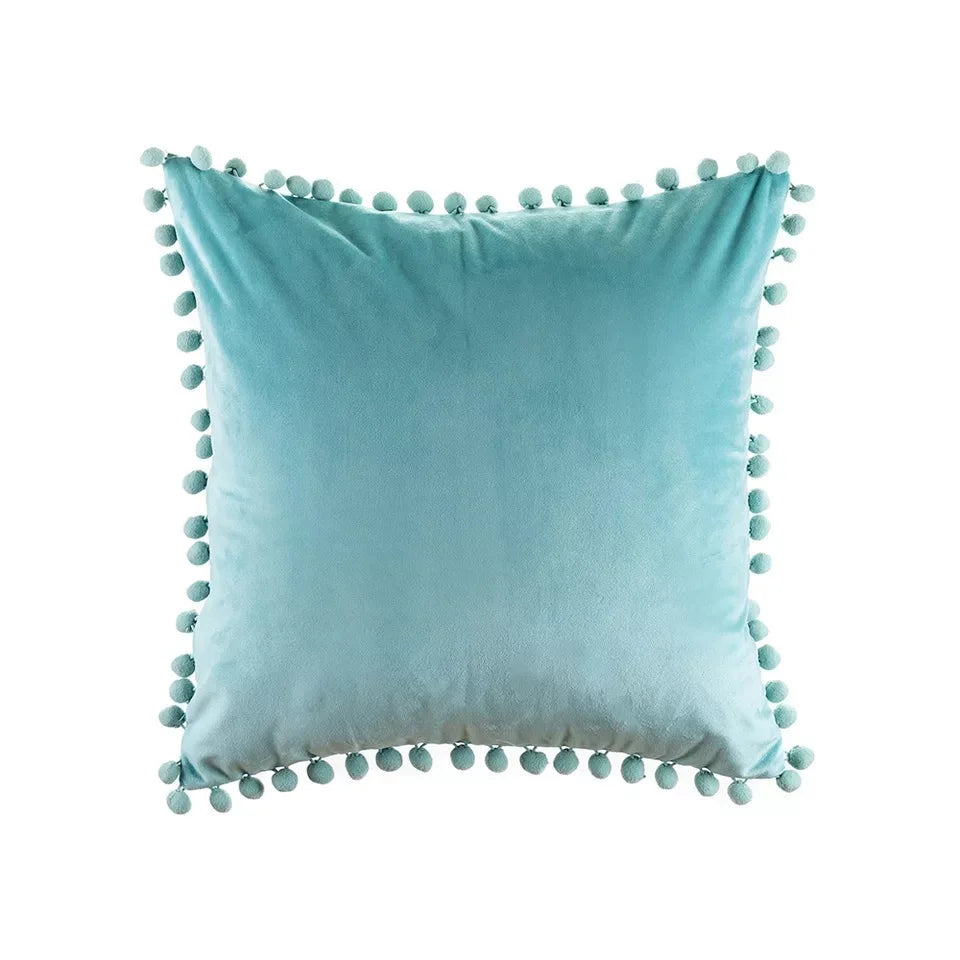 taies d'oreiller velours moderne gris jaune rose bleu blanc pompons non toxique polyester 45x45cm