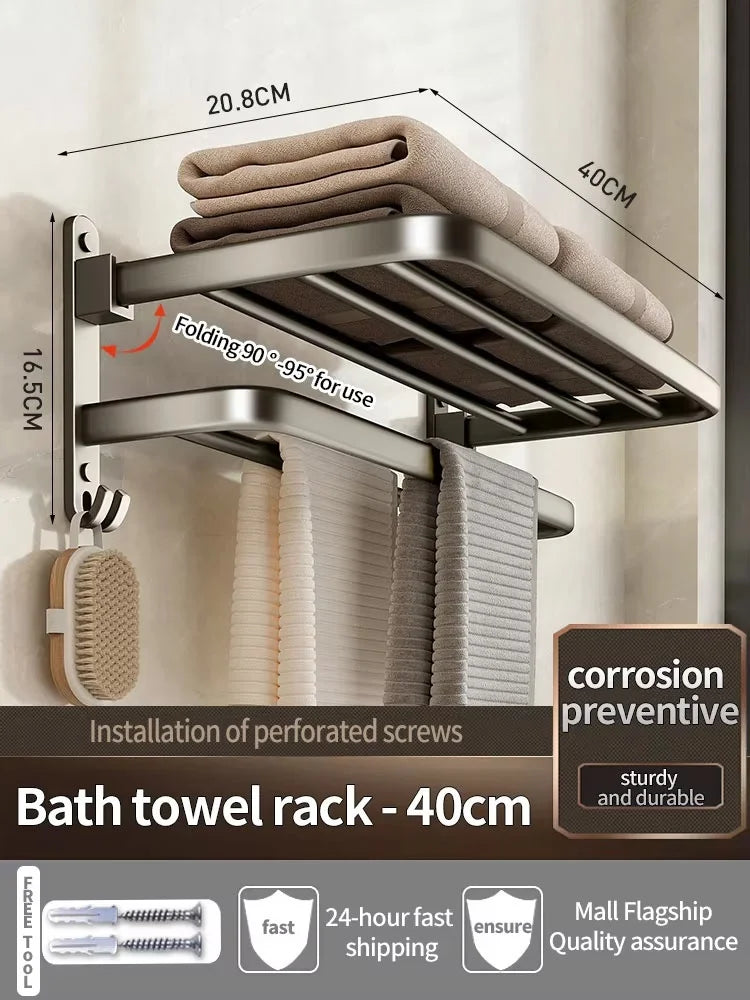 porte serviettes mural pliable aluminium gris métallisé moderne vis fixés crochets latéraux barre horizontale