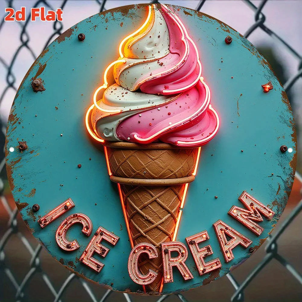 plaque publicitaire ice cream bleu rose blanc glace cornet texte rétro décoration murale boutique