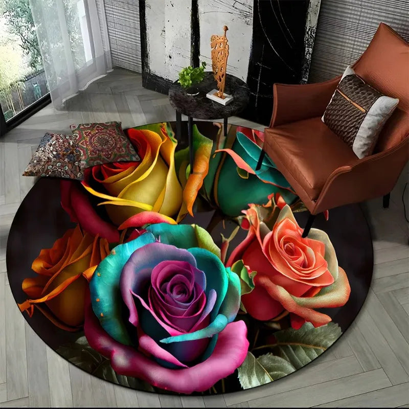 tapis rond moderne polypropylène polyester géométrique bleu jaune rose vert artistique salon chambreextérieur