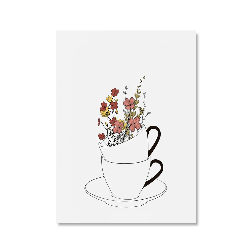 affiches art minimaliste moderne fleurs tasse salon cuisine décoration maison blanc noir