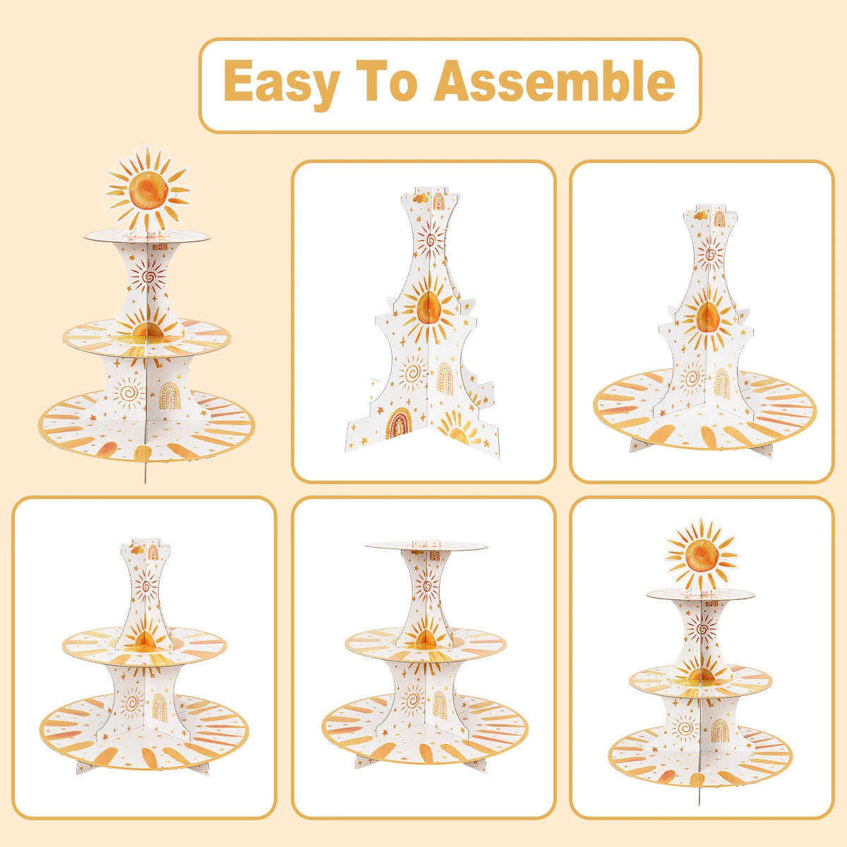 support gâteaux trois étages blanc orange motifs solaires étoiles moderne anniversaire mariage fête