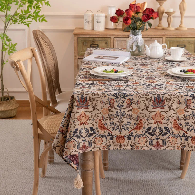 nappe rectangulaire polyester floral oiseaux beige marron rouge bleu classique tassel salon