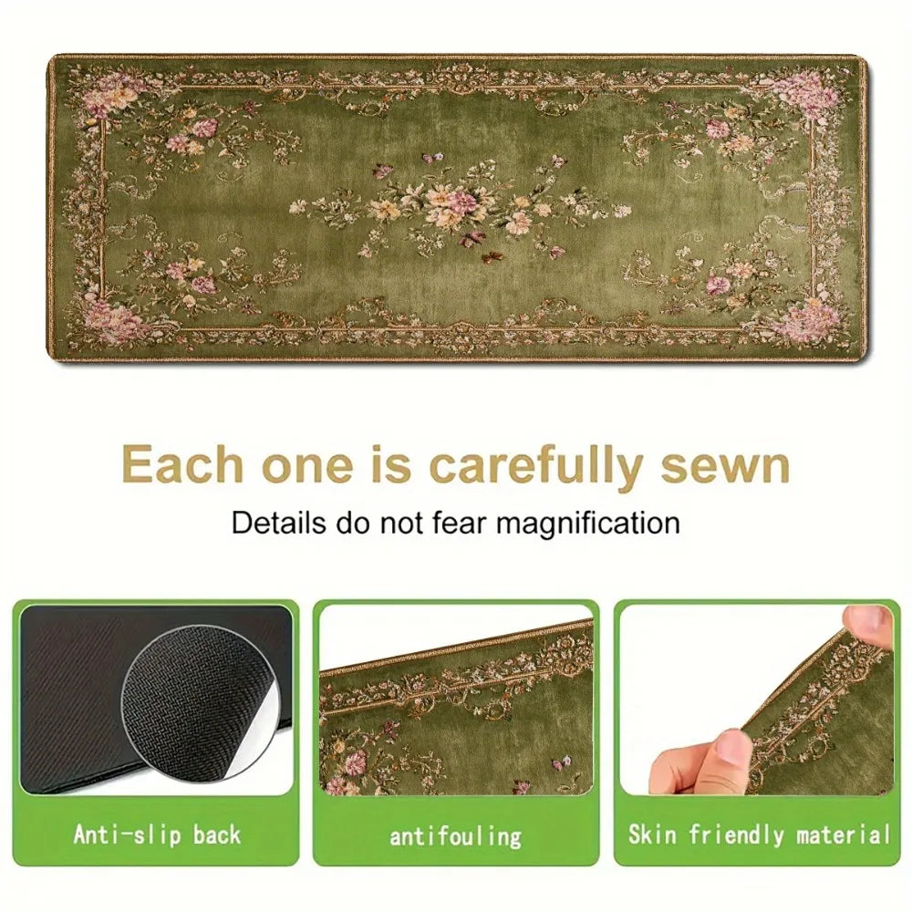 tapis vert olive fleurs roses blanches bordure dorée anti dérapant grande taille classique maison