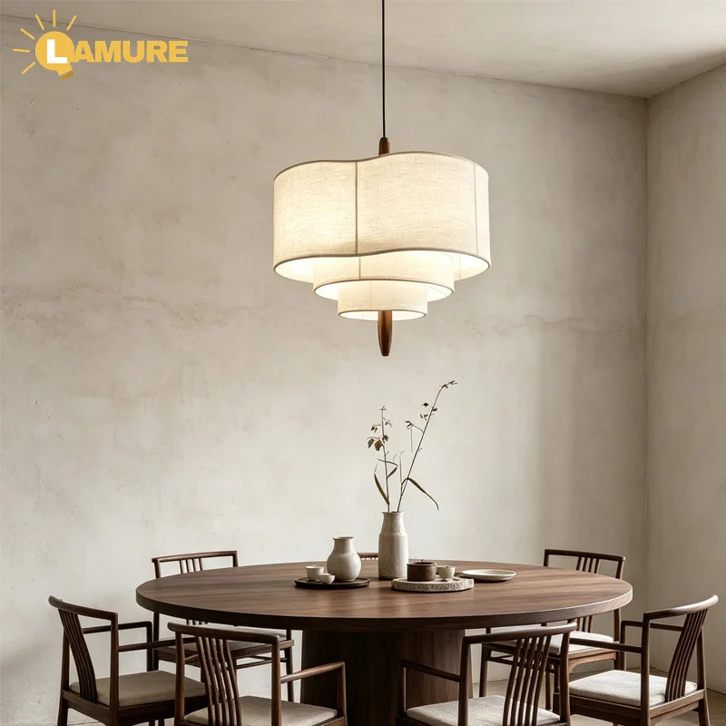 lampe suspendue tissu main beige moderne wabi sabi chaîne noire salon chambre