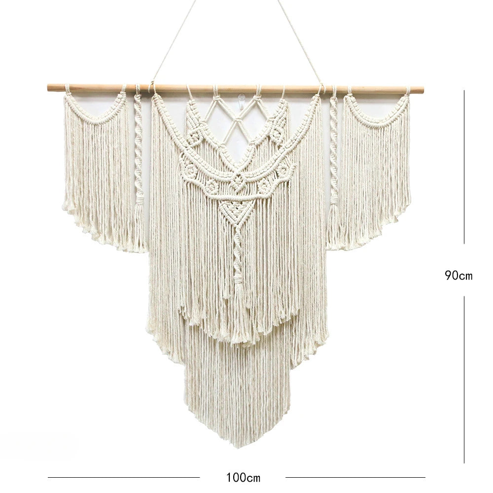 tapisserie macramé géométrique franges bohème décoration murale øllets beige clair