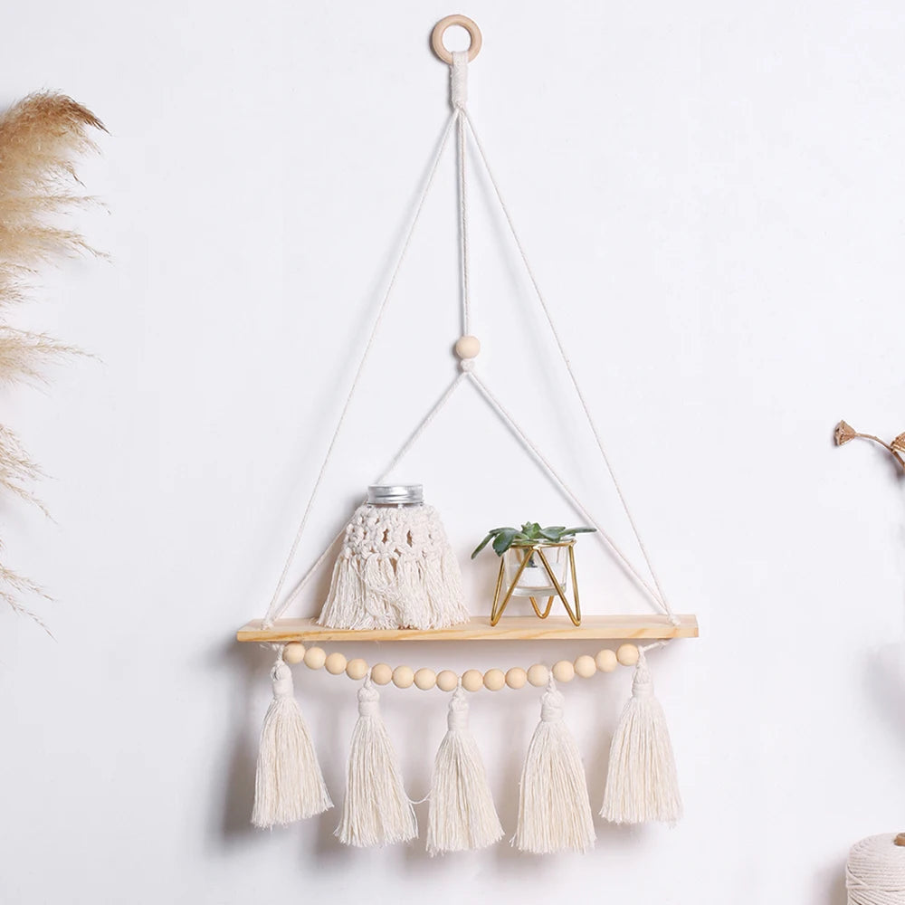 étagères suspendues boho blanc macramé bois rustique anneaux métalliques chambre salon étude decoration cadeau
