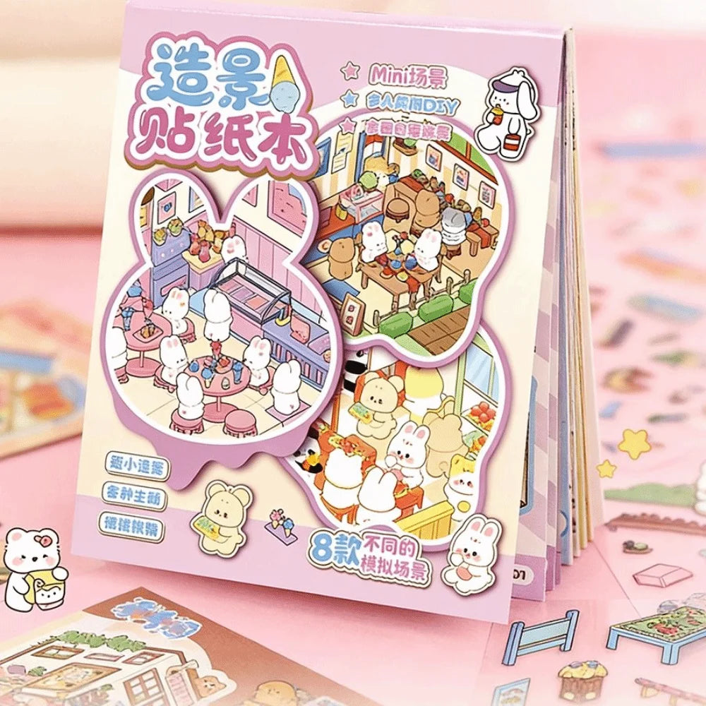 livre stickers scènes miniatures animaux mignons illustrations cartoon rose blanc multicolore