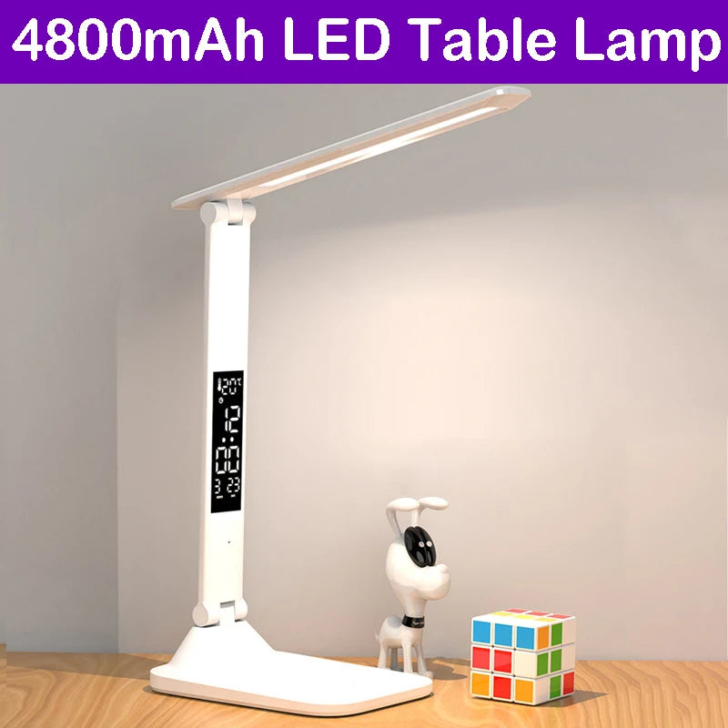 lampe table led rechargeable blanc minimaliste affichage numerique port usb pied pliable tactile contemporaine