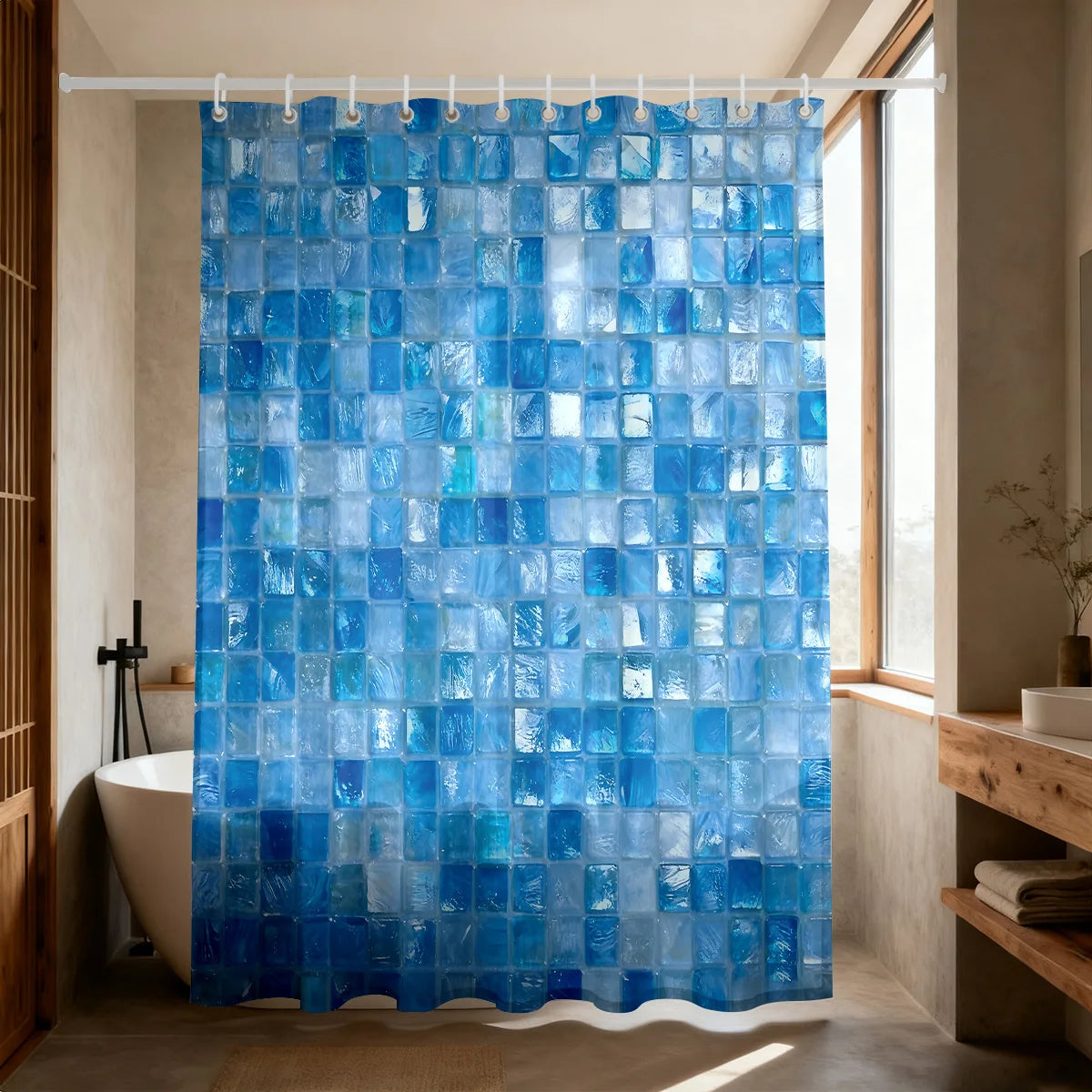 rideau douche bleu carreaux géométriques moderne opacité ourlet standard polyester 200x180cm anneaux