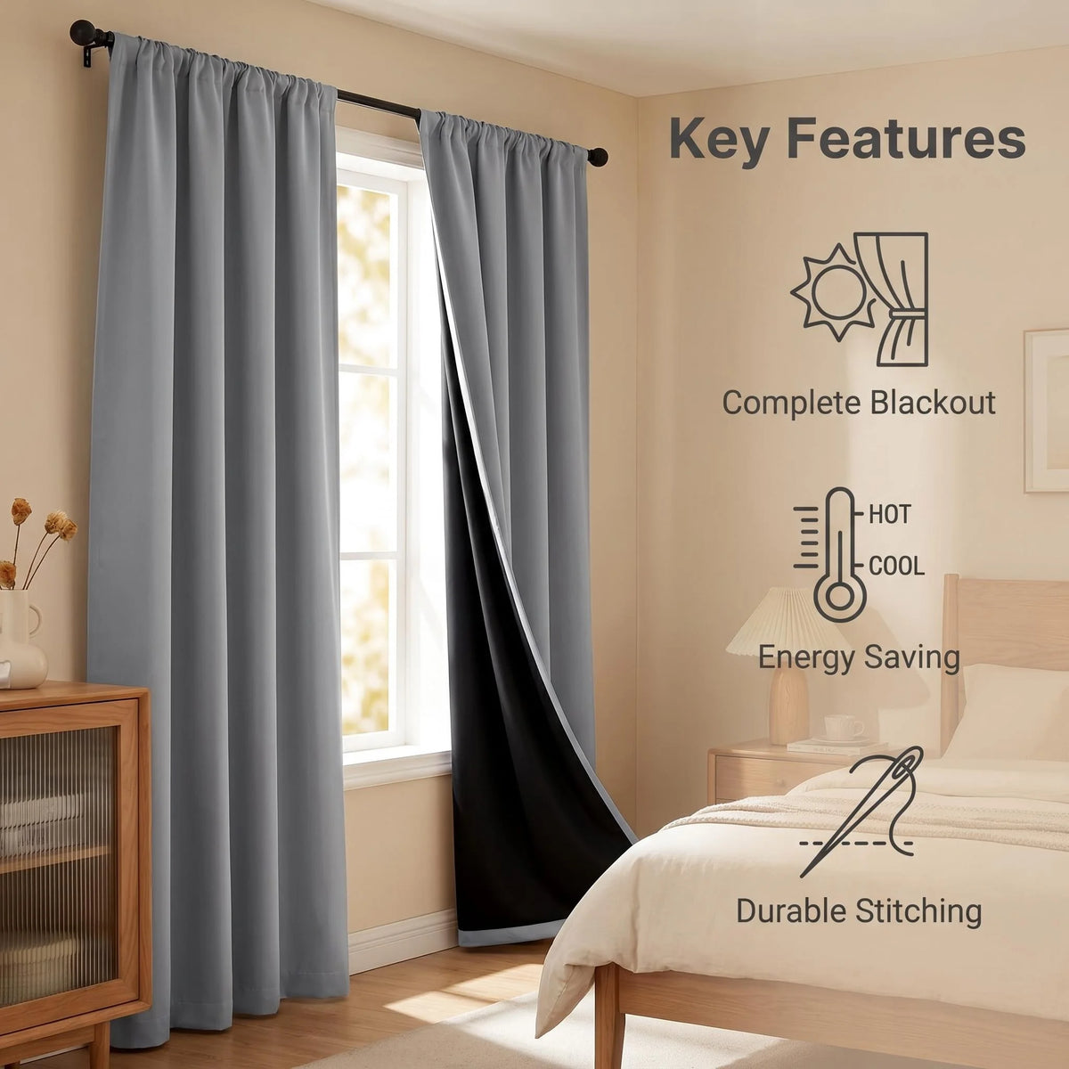 rideau moderne gris opaque uni fenêtre installer chez soi 135x160cm