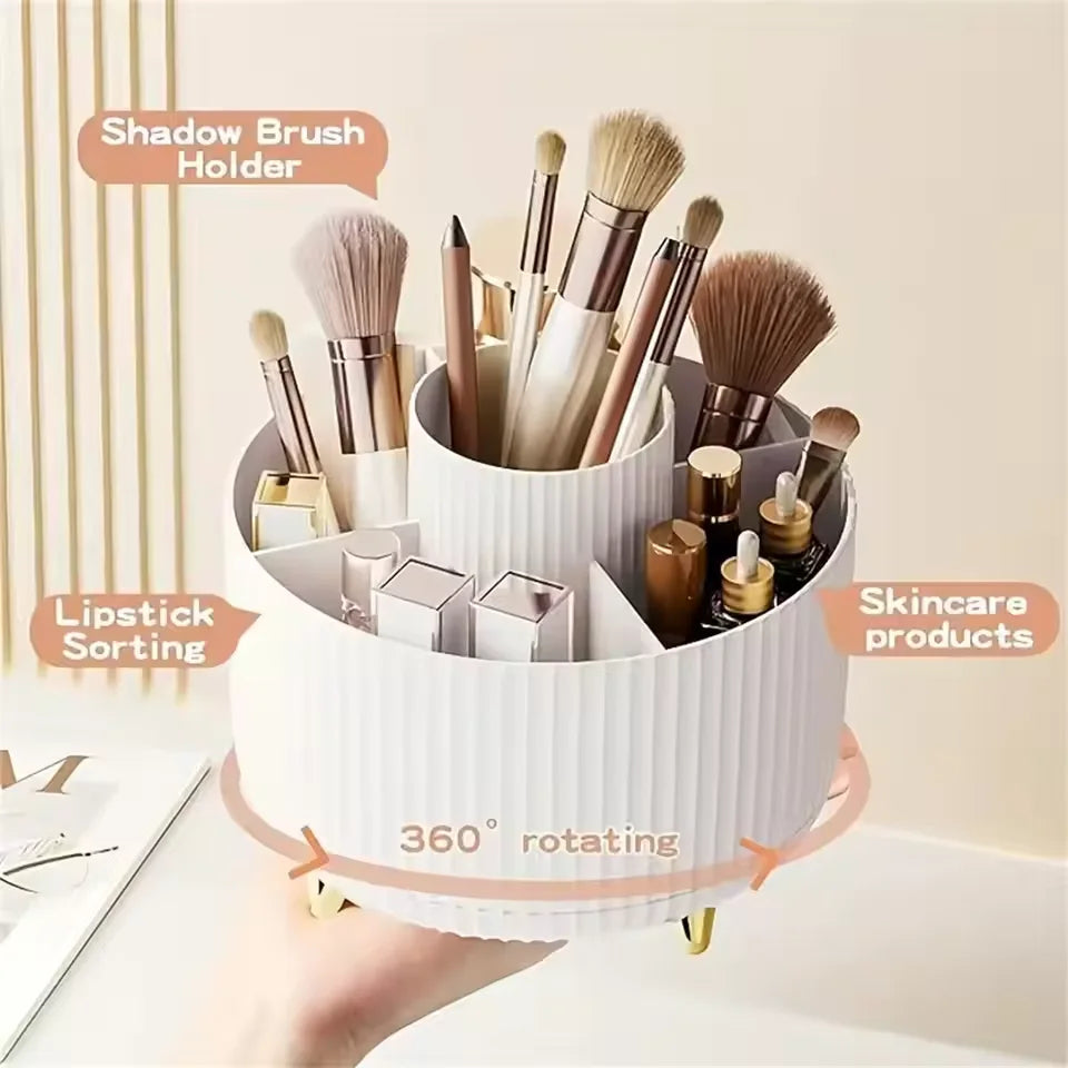 organisateur maquillage rotatif boîte rangement moderne gris blanc marron rayures vertical brosse crayon soins