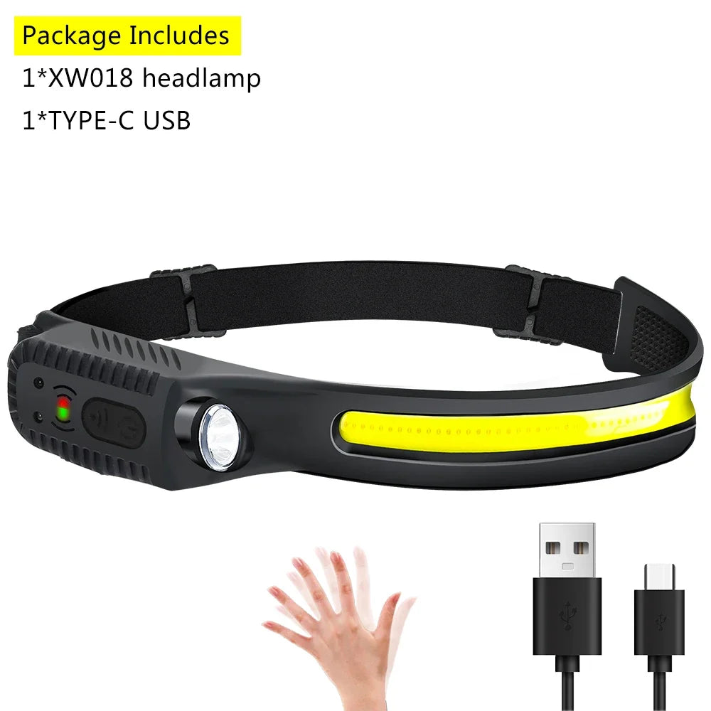 lampe frontale rechargeable led noir blanc rouge jaune rayures horizontales induction lumineuse modes ipx4