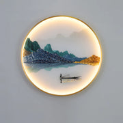 décoration murale lumineuse ronde dorée paysages animaux asiatique montagne eau cerfs oiseaux fixations modernes