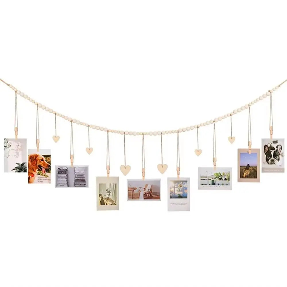 guirlande perlée bois coeurs love photos suspension murale bohème champêtre décoration chambre